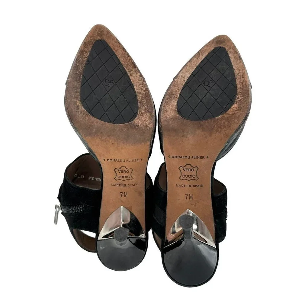 Donald Pliner BRAVA Black Patent Leather and Suede Ankle Strap Zip Heels Size 7